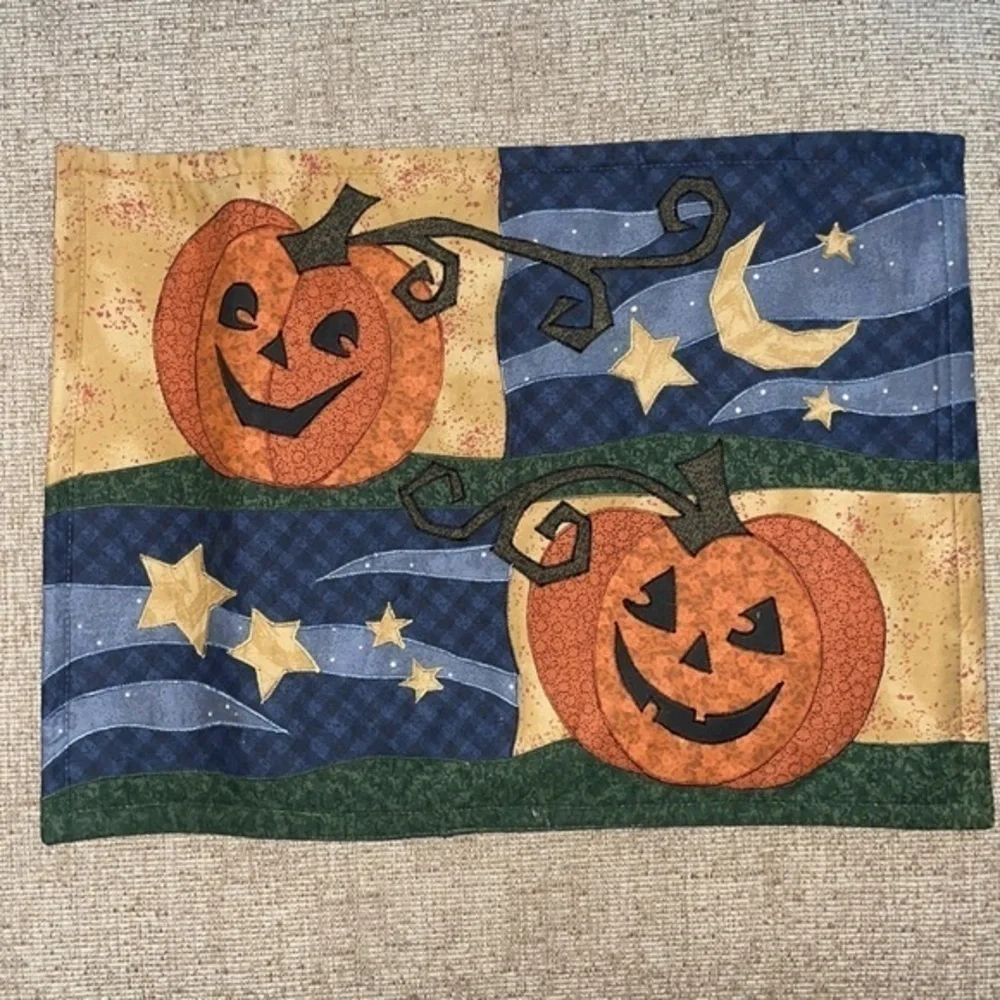 4 Quilted Halloween Jack O Lantern Fabric Placemats Pumpkin Moon Stars 18” x 13”